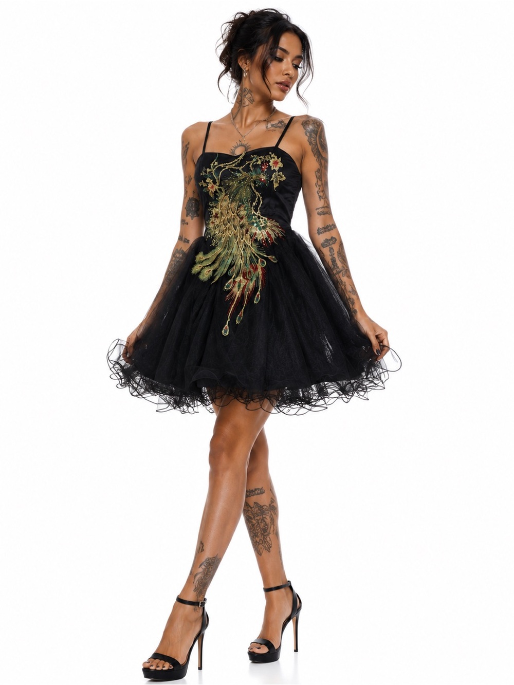 Chi Chi London Black Mini Tulle Dress with Embroidered Peacock